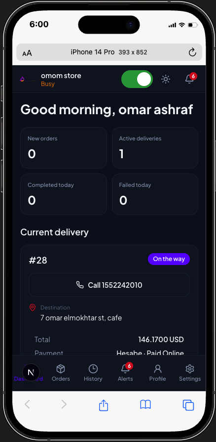 Delivery app dashboard with a current order on the way, destination, and payment status.